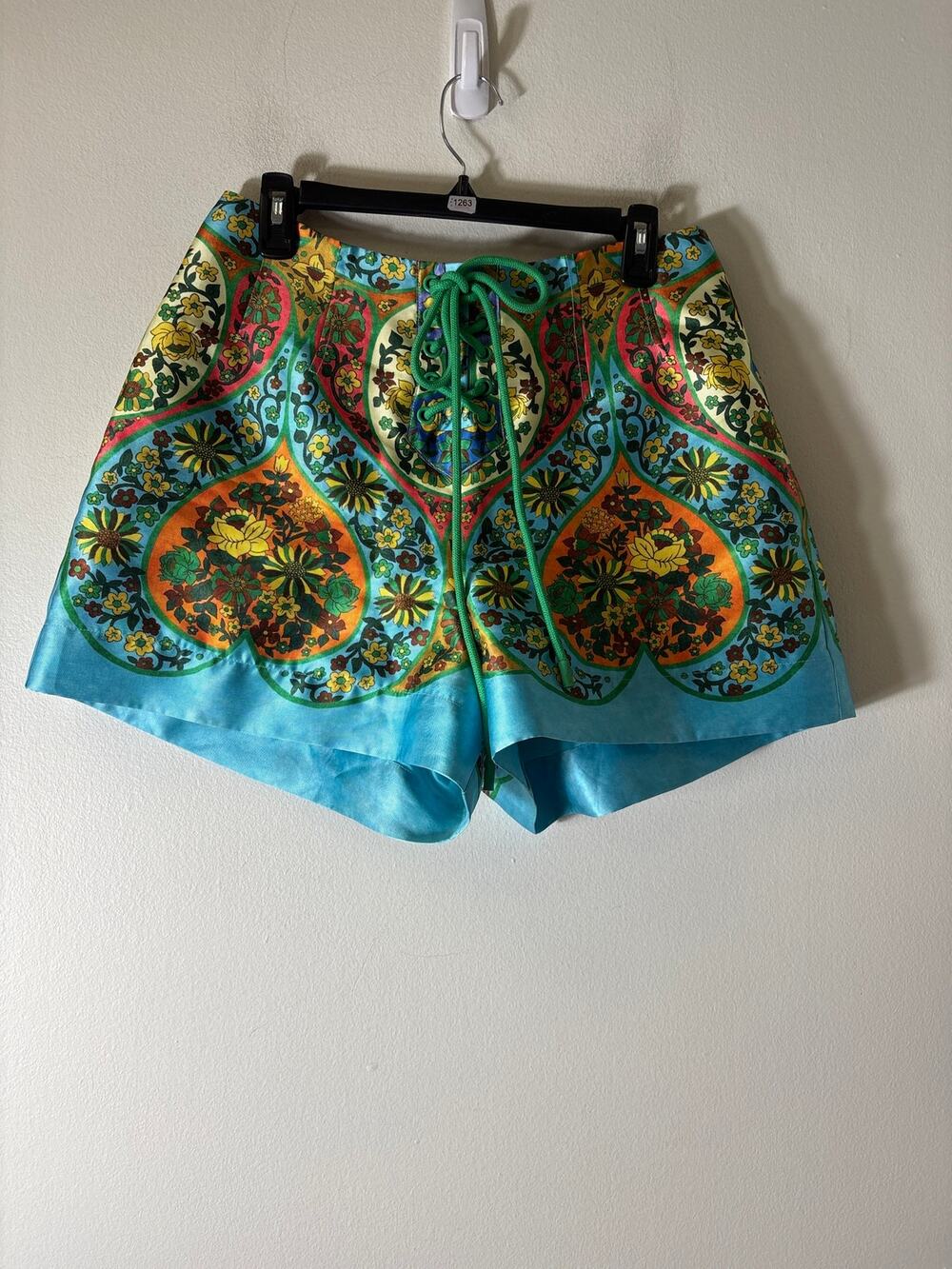 Alemais Teal Floral Lace Up Shorts Sz 8